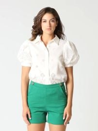 Sheer Graphic Puffed Sleeve Button-Down Shirt - Gracia Fashion at Gracia Fashion